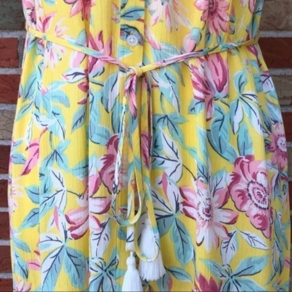 NWT LOFT Beach Floral Tassel Tie Button Down Sheer Yellow Pink Cover Up 🏖️